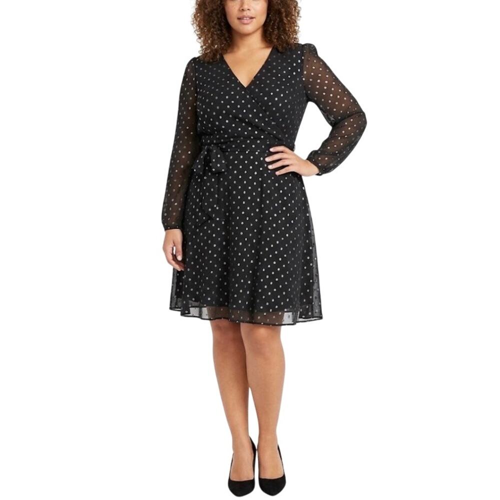 Walter Baker Black/Silver Dress Metallic Polka Dot Chiffon Long Sleeve Size 8